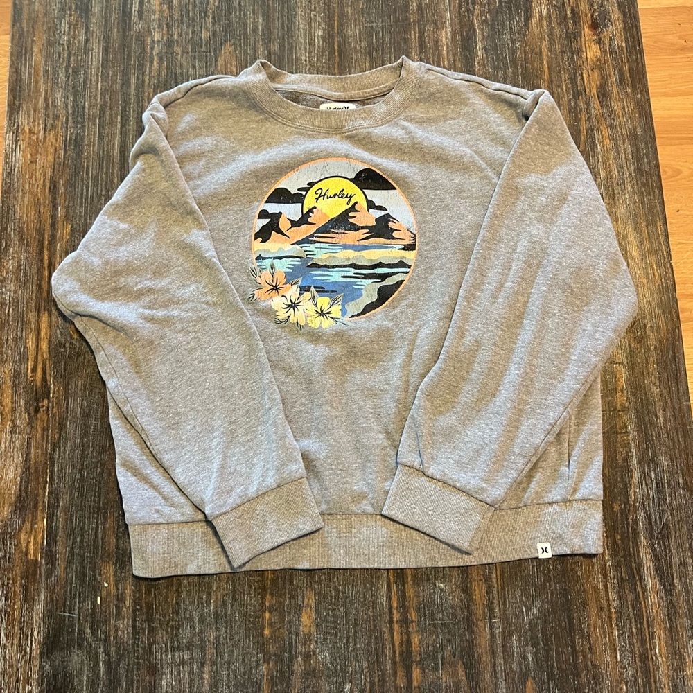 Hurley Gray Crewneck Sweater with Scenic Graphic